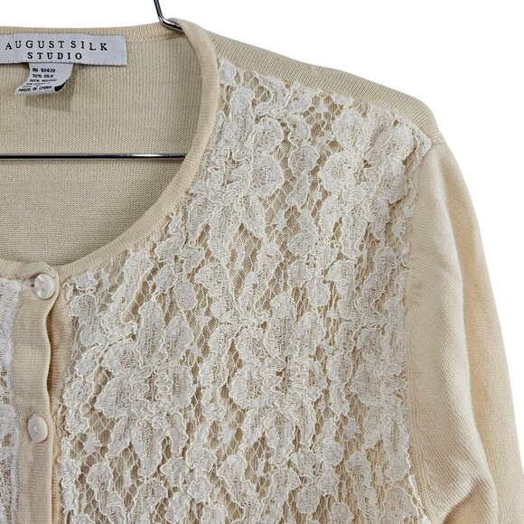💎August Silk Studio Knit Long Sleeve Lace Silk Cream Button Up Cardigan Sweater - Picture 3 of 5